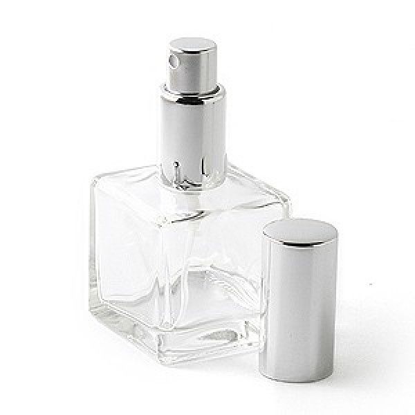 Flacon carre en verre blanc 10ml et pompe spray argeté et bouchon